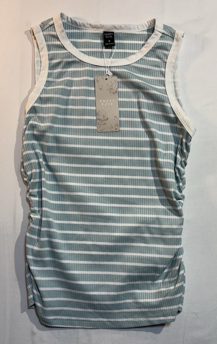Emery Rose Tank Top Medium Sage Green White Stripe Ribbed Sleeveless Ruched NWT